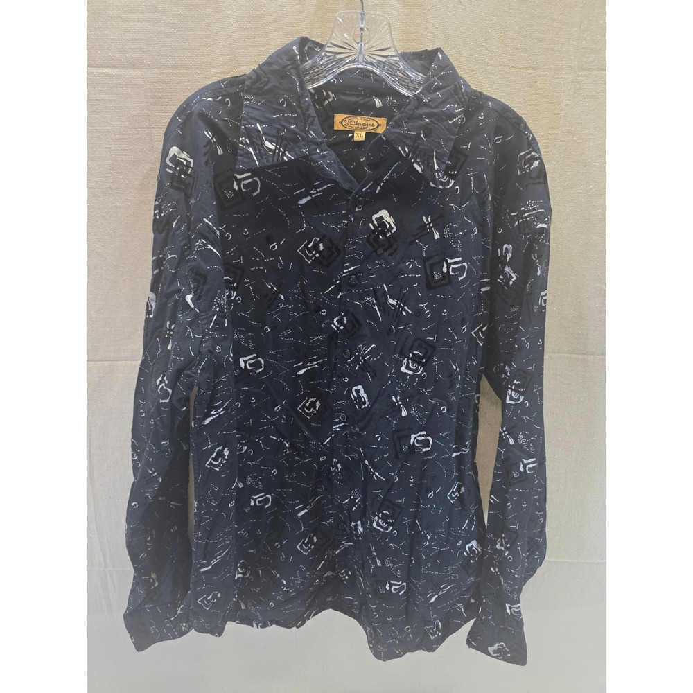 Y-Chrome Mens XL Abstract Geometric Long Sleeve Button Down Shirt Navy Blue 90s